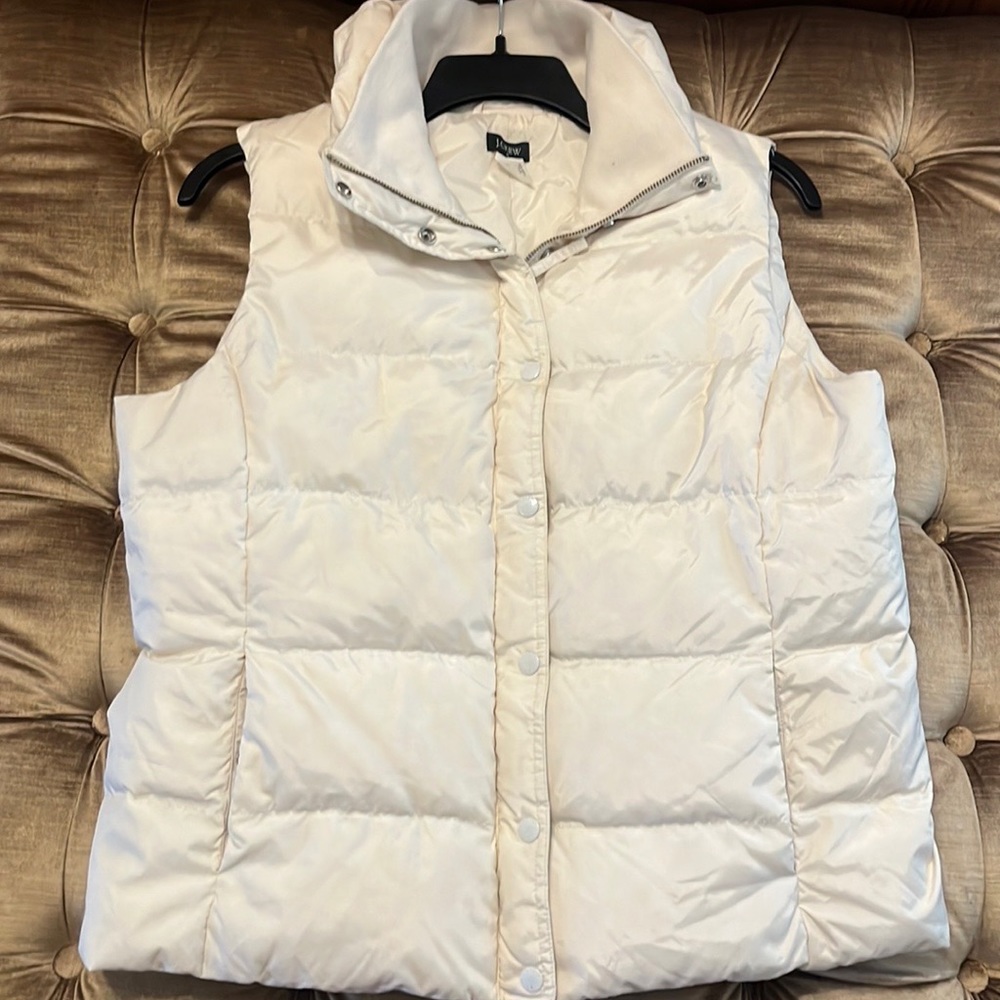Womens J Crew Quilted Down Filled Puffer Vest XL Full Zip Ivory White With Snaps